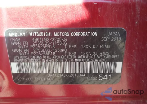 2019 Mitsubishi Outlander Sel from USA, damaged, VIN JA4AZ3A3XKZ013044